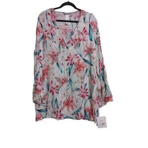 La Blanca Flyaway Orchid Tunic Cover Up White Pink Green L New